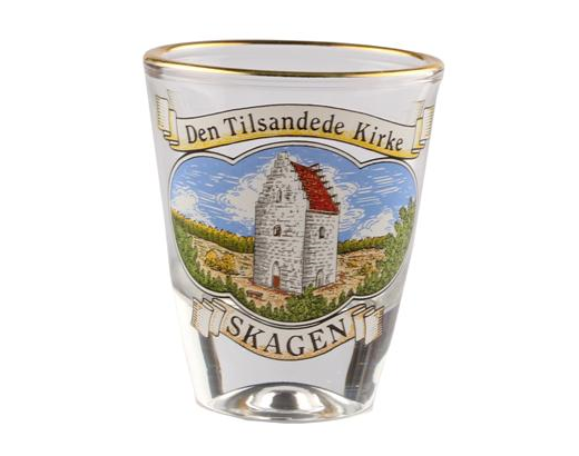 Snaps/shotsglas 4cl.  m/guldkant Den tilsandede Kirke//#